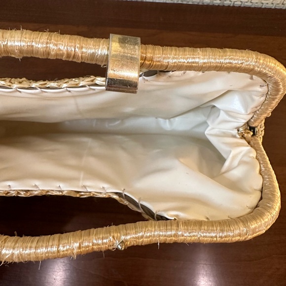 🌟HP🌟VTG 1960s-70s Tan Raffia Straw & Beaded Top Handle Clutch Handbag Japan - Picture 4 of 12